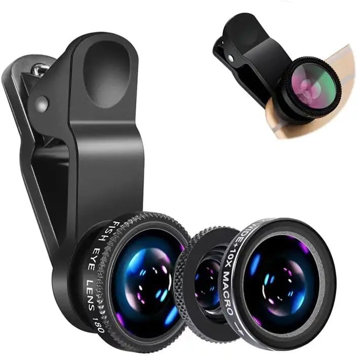 Lens Camera Clip - iPhone、Xiaomi、Redmi用3in1魚眼広角マイクロカメラレンズ、スマートフォン用3in1ズーム魚眼レンズ（フォンクリップ付き）